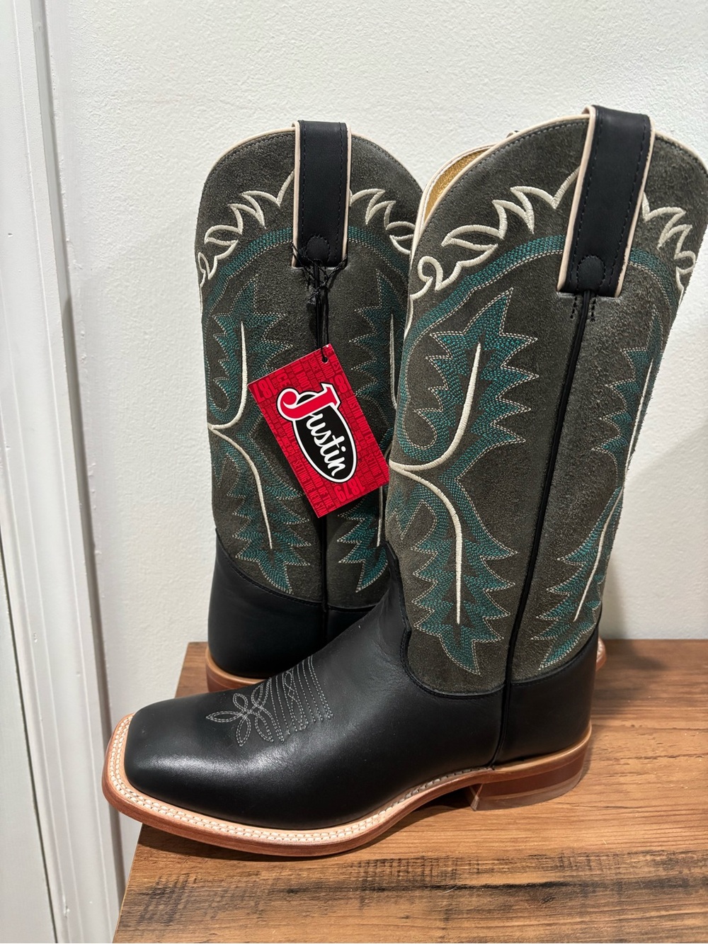 Justin Boots Black Leather Foot with Teal & Cream Suede Shaft Cowboy Boots